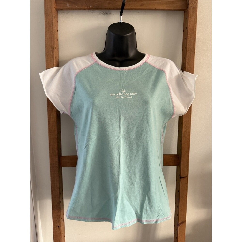 Y2K Salty Dog Cafe Hilton Head Women’s L Baby Tee Pastel Aqua Pink Raglan